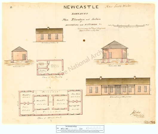 Former Military Hospital was also used as a residence. The National Archives,United Kingdom, 1844. Gordon "Newcastle Barracks, NSW," MFQ1-963 (6)